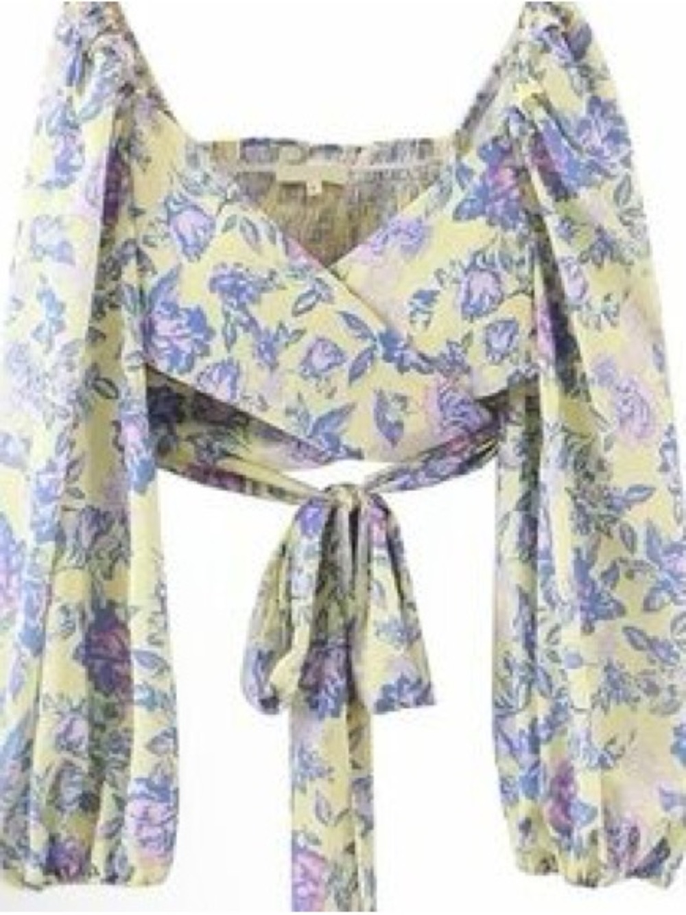 Floral Wrap Crop Top with Puff Sleeves - Yellow & Lavender